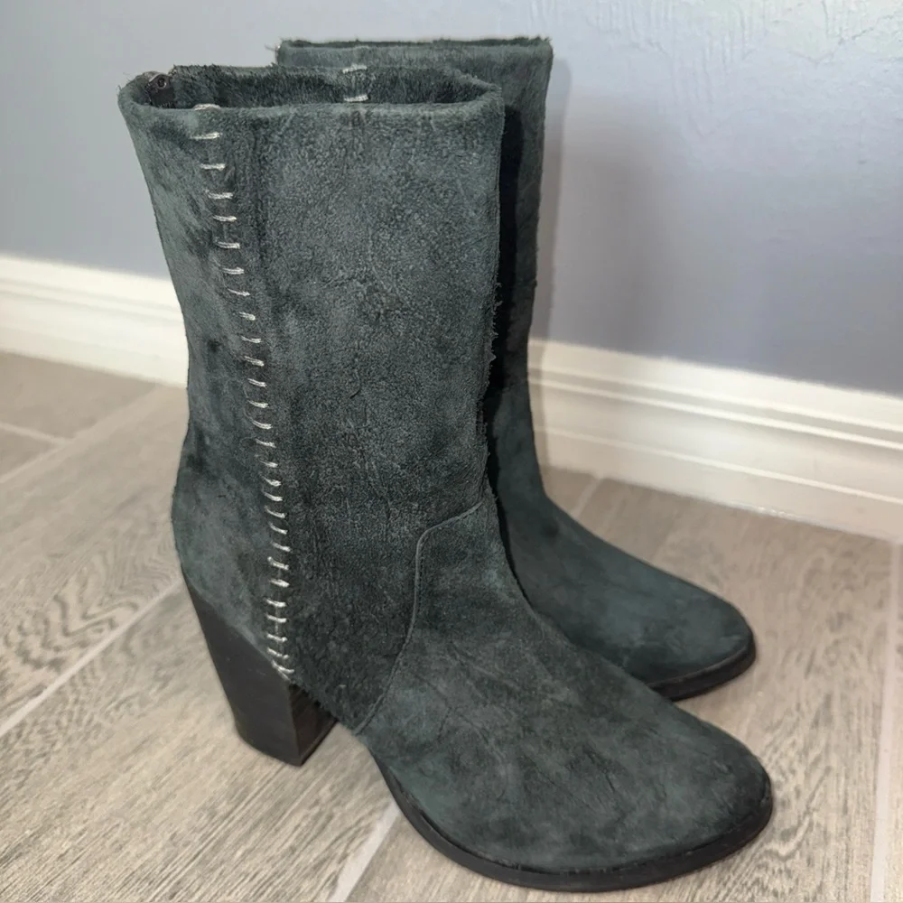 Free People Faded Black Suede Boots Distressed Leather Mid Calf Heel US 8 (39)